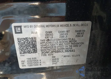 2018 Chevrolet Trax Lt z USA, uszkodzony, nr VIN 3GNCJPSB9JL382641